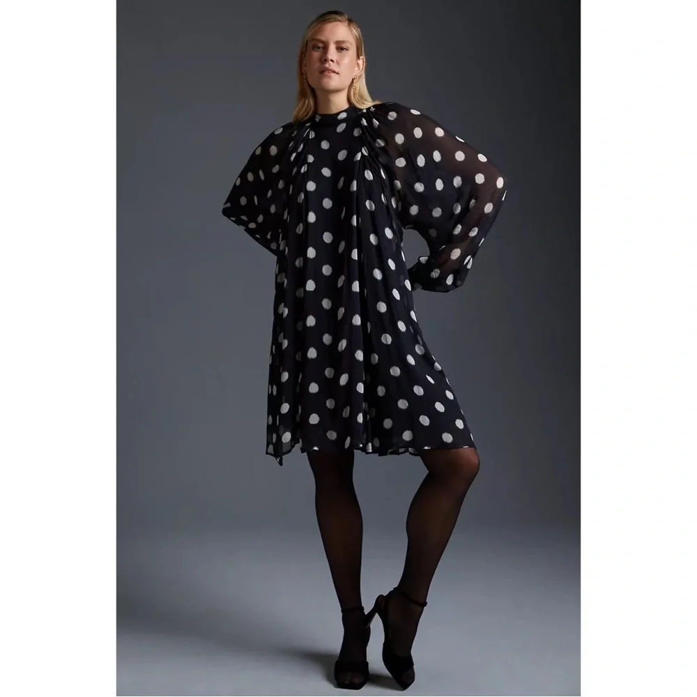 Anthropologie Maeve Black Sheer Long-Sleeve Polka Dot Mini Dress M NWT - Picture 7 of 11